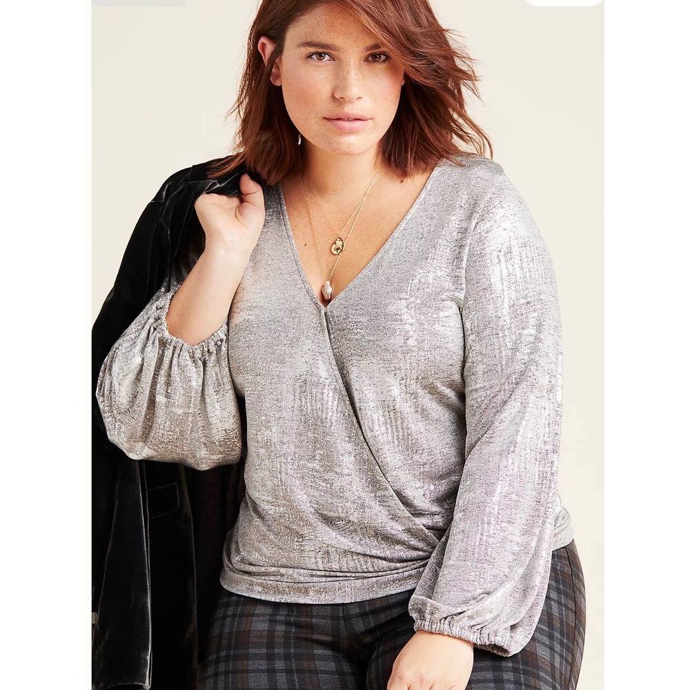 Anthropologie Carys Dolman Top Sz 3X Surplice Metallic Foil Gray Silver Shimmer